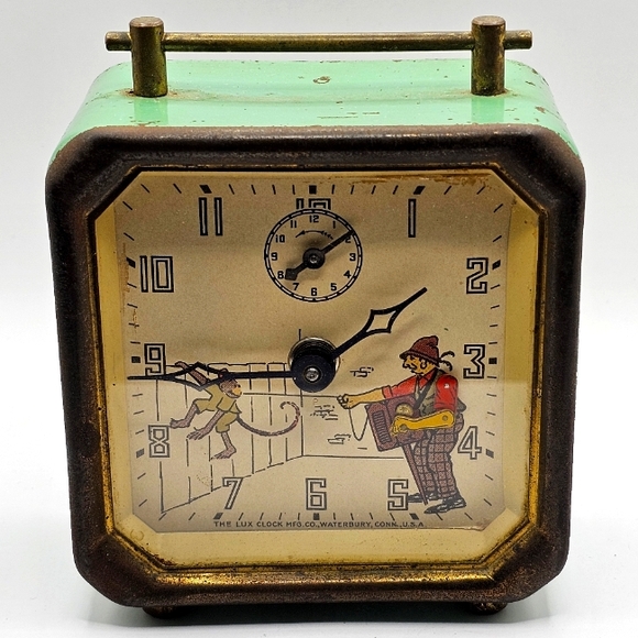 Rare 1920s Lux Waterbury Organ Grinder & Monkey Animated Alarm Clock Non-Working - Picture 1 of 7